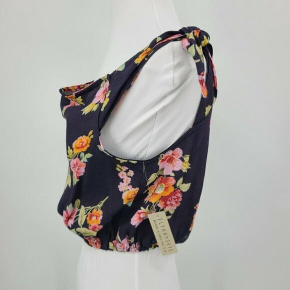 New Flynn Skye Pastel Blooms Crop Top Womens XS Shoulder Ties Floral Rayon - Picture 2 of 6